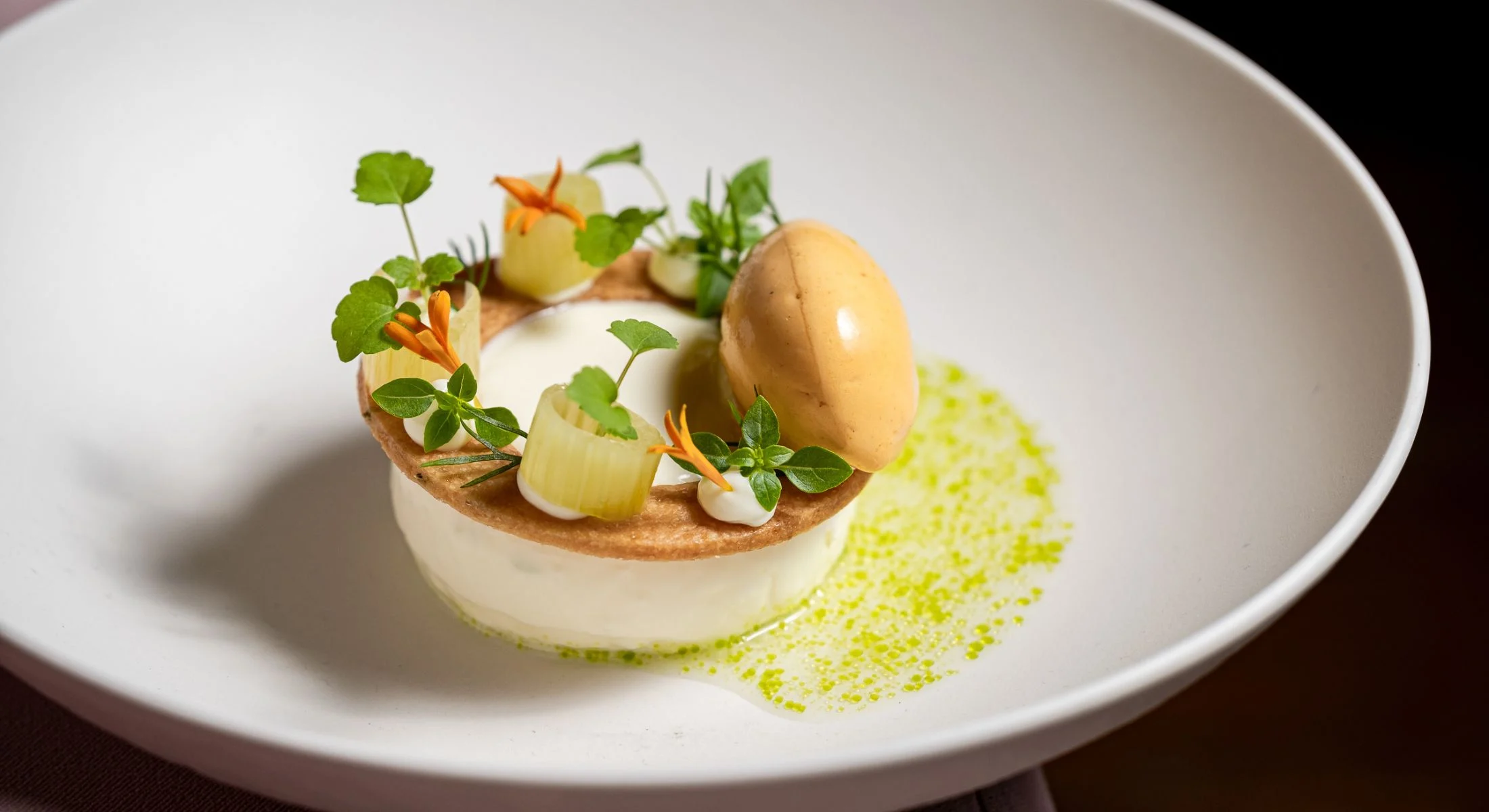 Dessert met panna cotta, ijs en kruidenolie in een witte kom, van opzij gezien